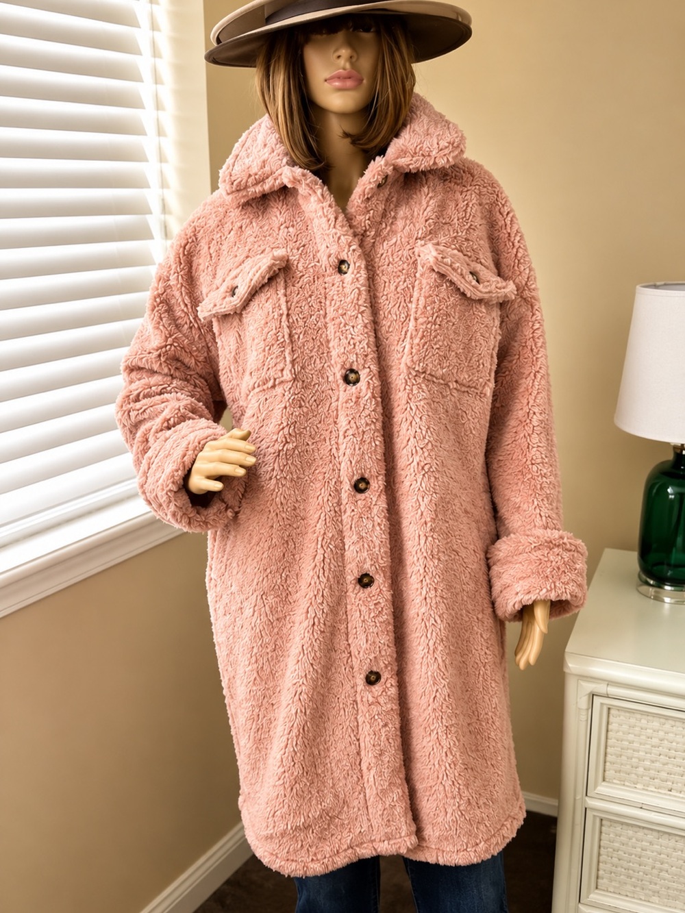 Long Sherpa Fleece Jacket in Dusty Pink-Size S/M